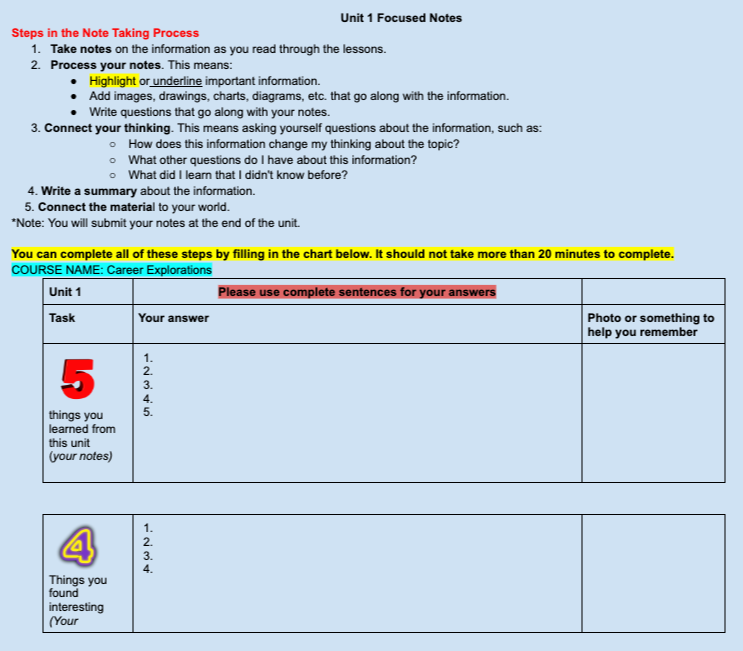 Career Explorations Focused Notes Tips